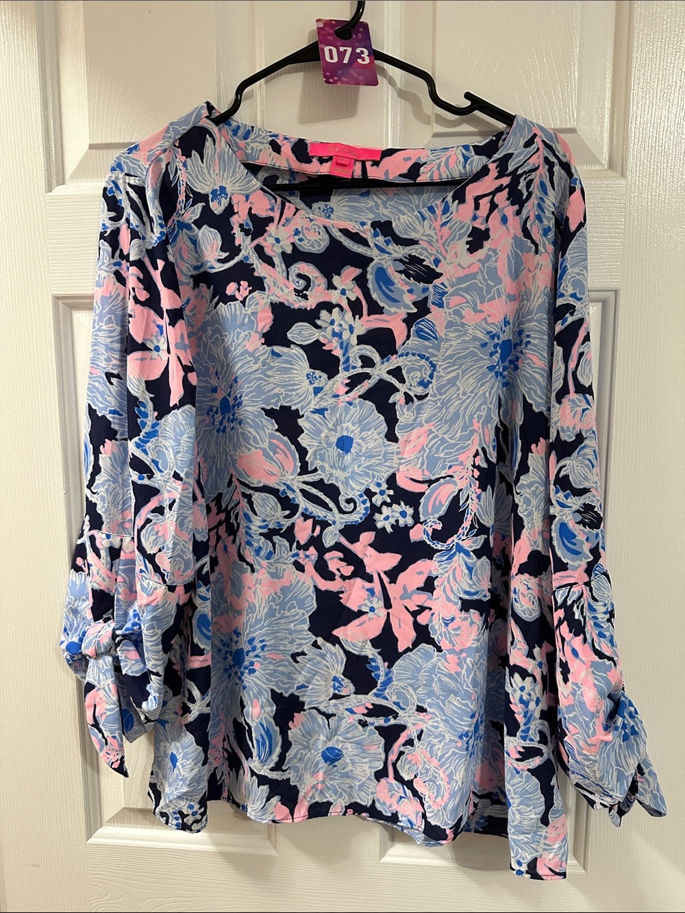 Lilly Pulitzer Navy Floral Bell-Sleeve Blouse with Pink & Light Blue Print
